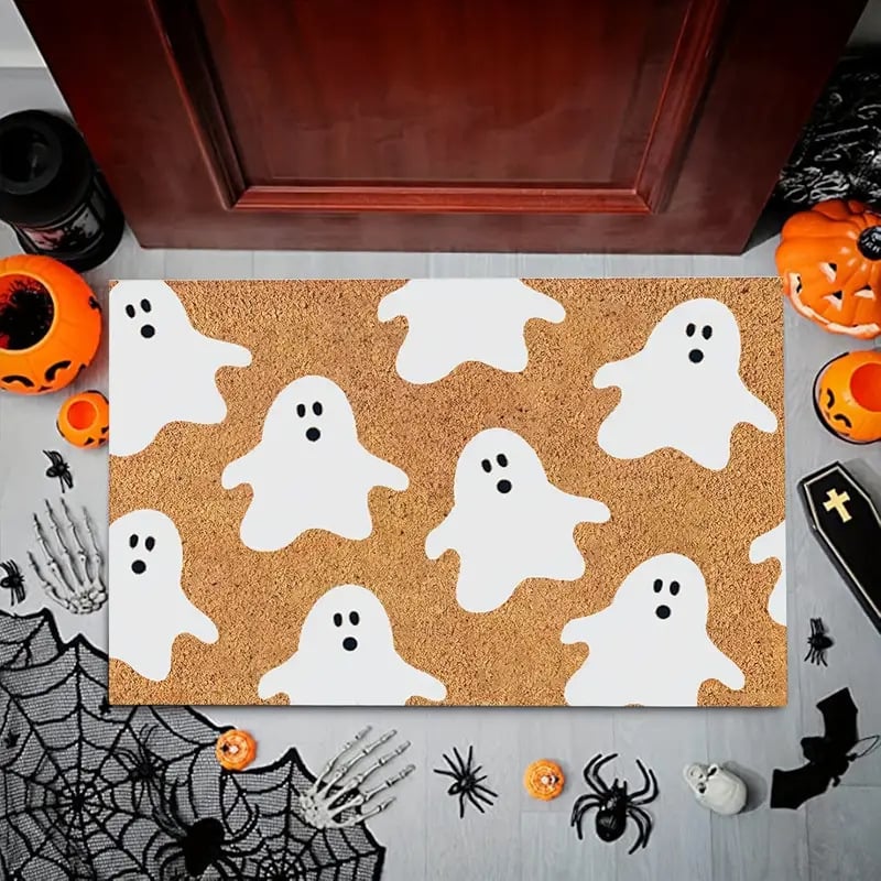 Хелоуин подложка за входна врата - правоъгълна, кристален велур, износоустойчива, печат дизайн, мотиви пейзаж, карикатура и растения, почистване чрез изплакване