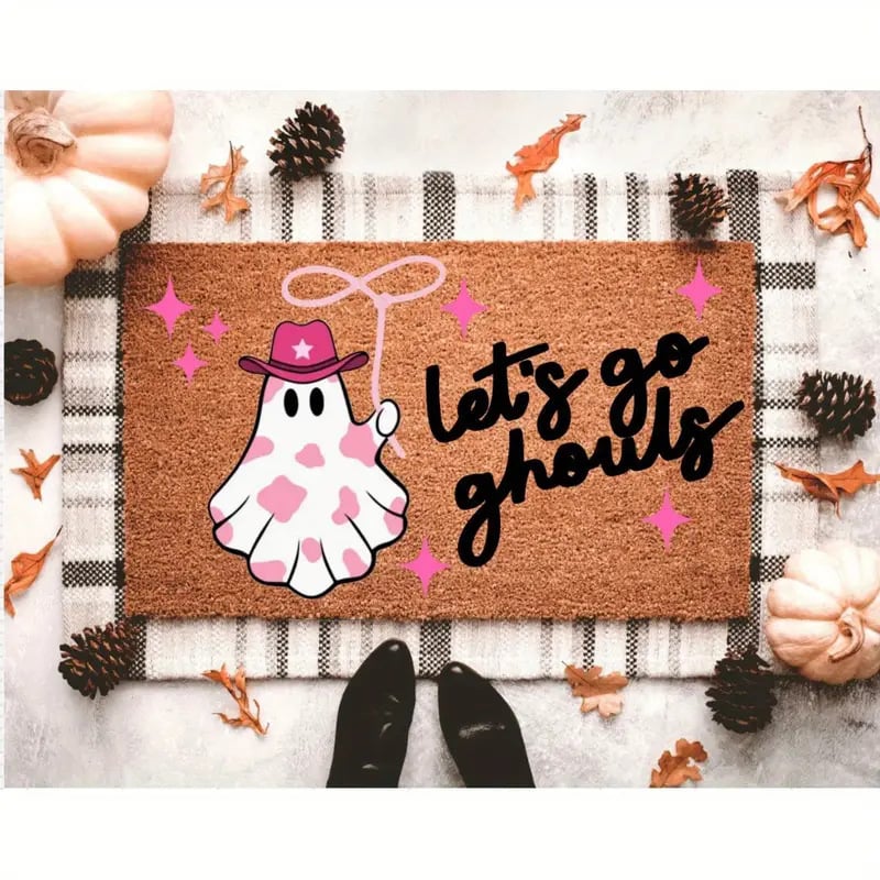 Хелоуин подложка за входна врата - правоъгълна, кристален велур, износоустойчива, печат дизайн, мотиви пейзаж, карикатура и растения, почистване чрез изплакване
