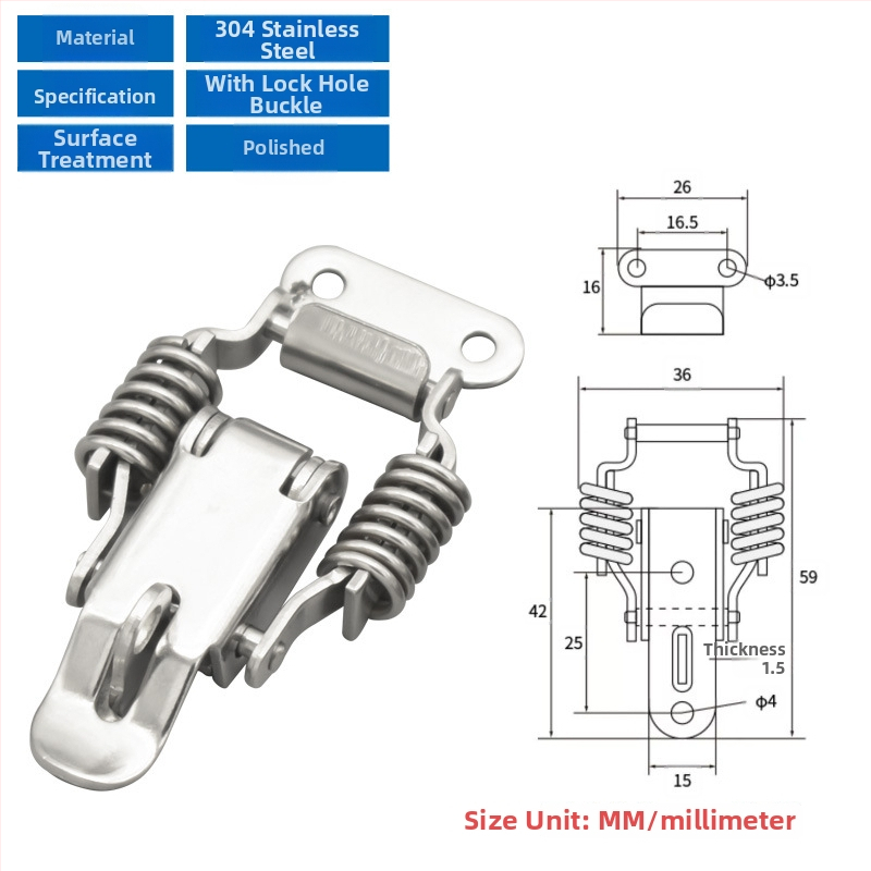 Įrankių dėžės sagtis su dviguba spyruokle, mygtuko tipas, 304 nerūdijantis plienas, tvirta konstrukcija