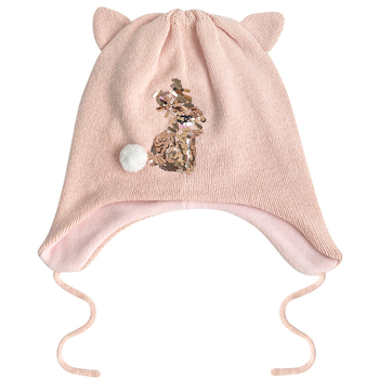 Dječja pletena kapa s zaštitom za uši, kupolasti oblik, dvostruka fleec podstava, šivanje sa šljokicama, akrilna vlakna, zima