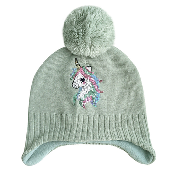 Dječja pletena kapa s zaštitom za uši, kupolasti oblik, dvostruka fleec podstava, šivanje sa šljokicama, akrilna vlakna, zima