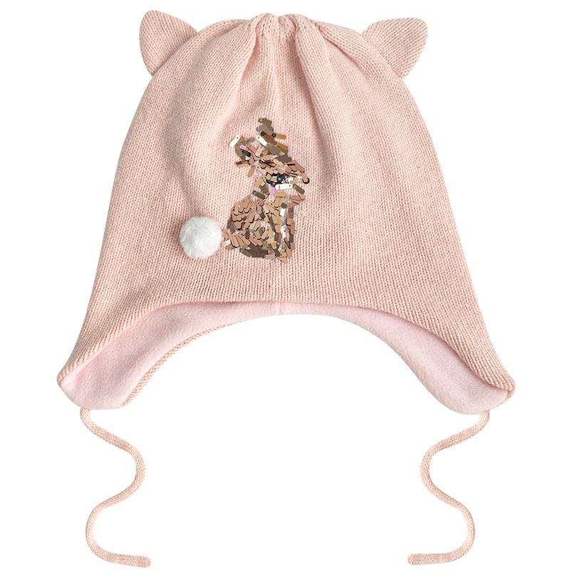 Dječja pletena kapa s zaštitom za uši, kupolasti oblik, dvostruka fleec podstava, šivanje sa šljokicama, akrilna vlakna, zima