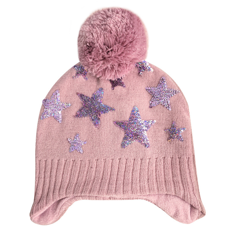 Dječja pletena kapa s zaštitom za uši, kupolasti oblik, dvostruka fleec podstava, šivanje sa šljokicama, akrilna vlakna, zima