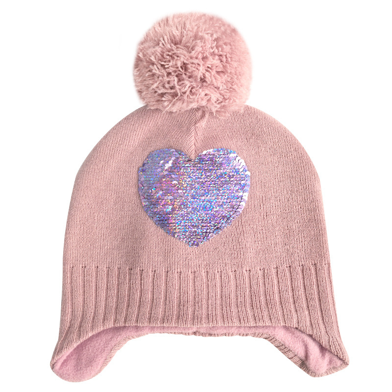 Dječja pletena kapa s zaštitom za uši, kupolasti oblik, dvostruka fleec podstava, šivanje sa šljokicama, akrilna vlakna, zima