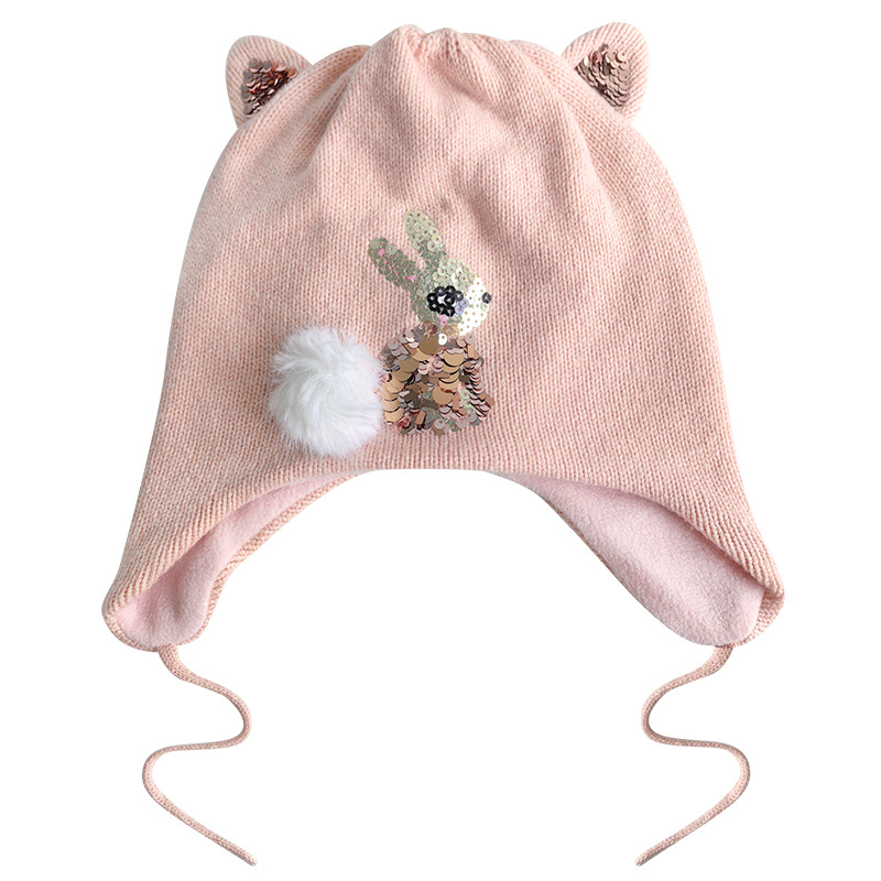 Dječja pletena kapa s zaštitom za uši, kupolasti oblik, dvostruka fleec podstava, šivanje sa šljokicama, akrilna vlakna, zima