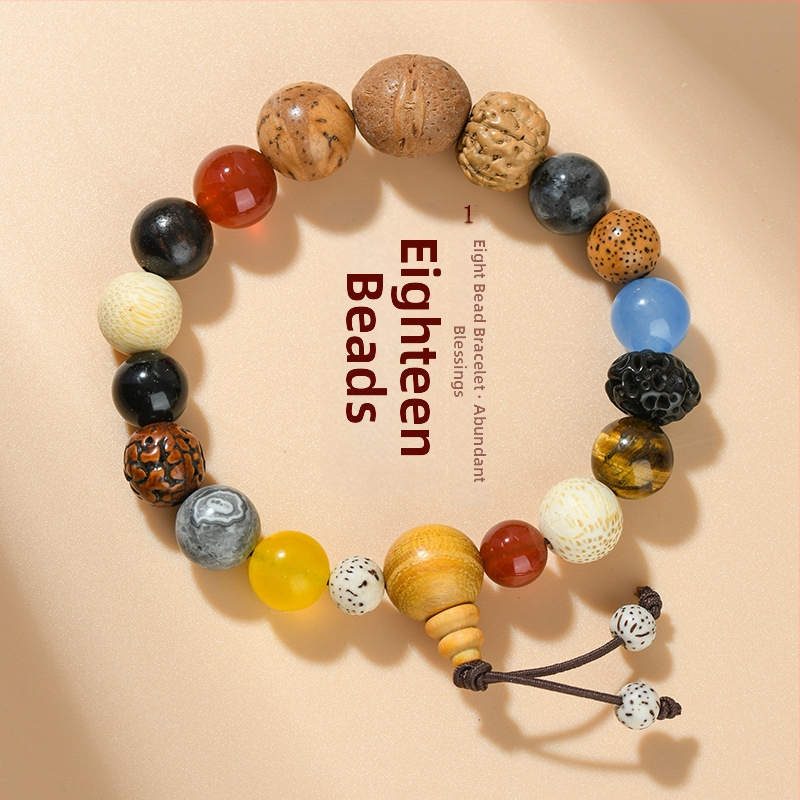 Náramok Bodhi s 18 korálkami, drevené korálky, Guofeng štýl, ručná výroba, prírodné vyhotovenie