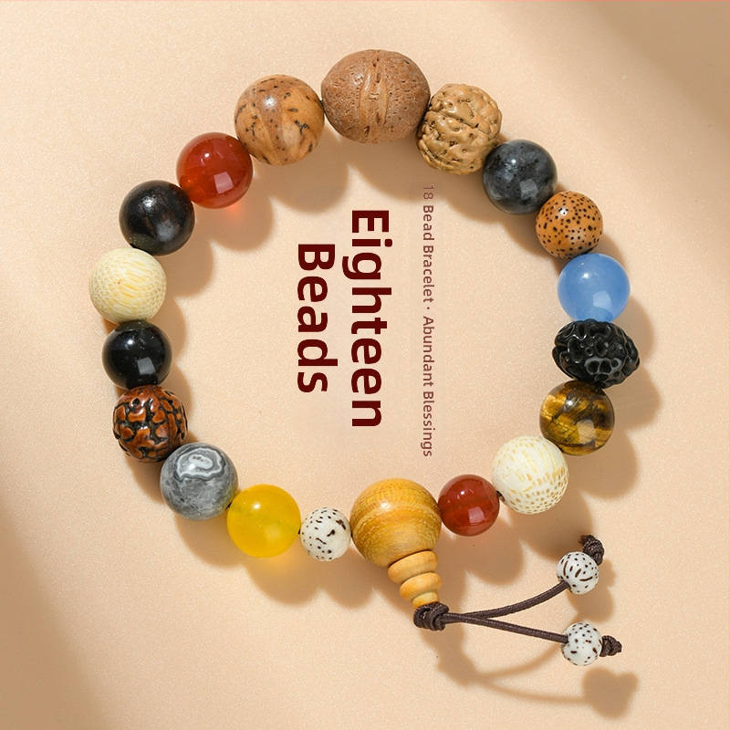 Náramok Bodhi s 18 korálkami, drevené korálky, Guofeng štýl, ručná výroba, prírodné vyhotovenie