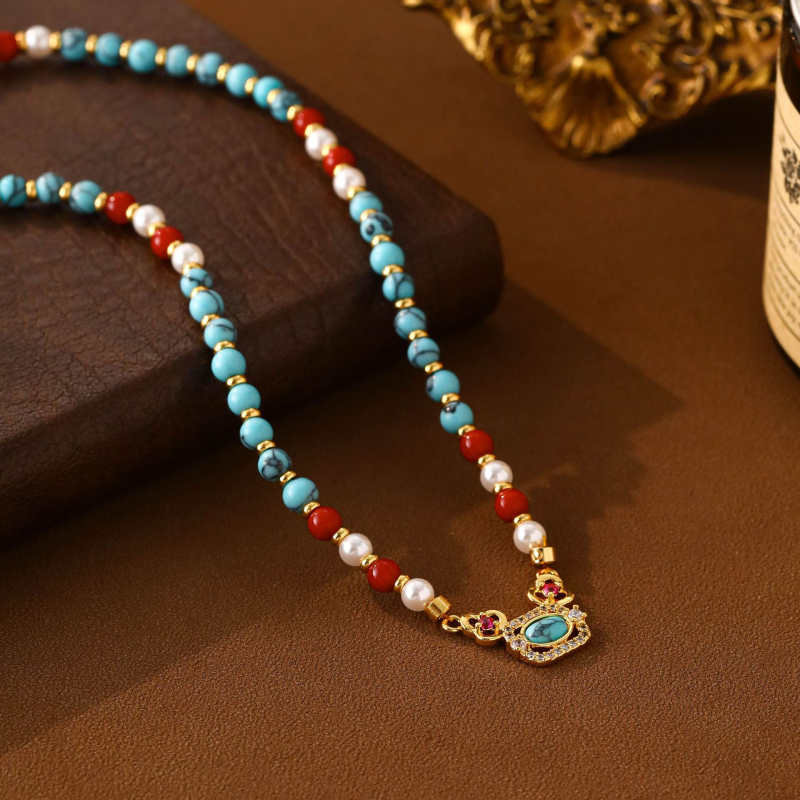 Colier cu perle, design geometric, cupru, lanț cu plăci răsucite, pandantiv din cupru, greutate 10 g