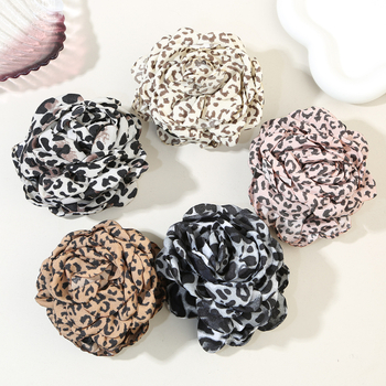 Ръчно изработена щипка за коса с леопардов принт и цвете – акула клип за задната част на главата, плат и PS материал, стил лукс