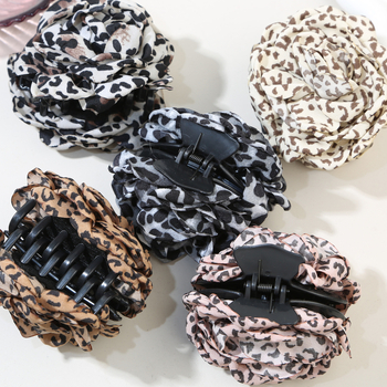 Ръчно изработена щипка за коса с леопардов принт и цвете – акула клип за задната част на главата, плат и PS материал, стил лукс