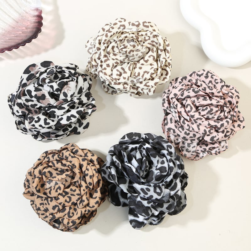 Ръчно изработена щипка за коса с леопардов принт и цвете – акула клип за задната част на главата, плат и PS материал, стил лукс