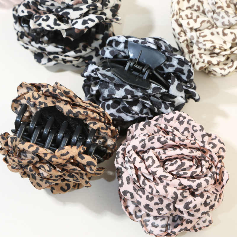 Ръчно изработена щипка за коса с леопардов принт и цвете – акула клип за задната част на главата, плат и PS материал, стил лукс