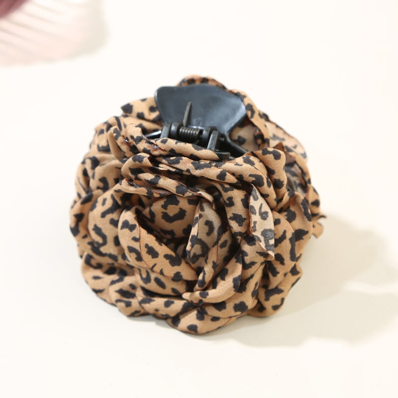 Ръчно изработена щипка за коса с леопардов принт и цвете – акула клип за задната част на главата, плат и PS материал, стил лукс