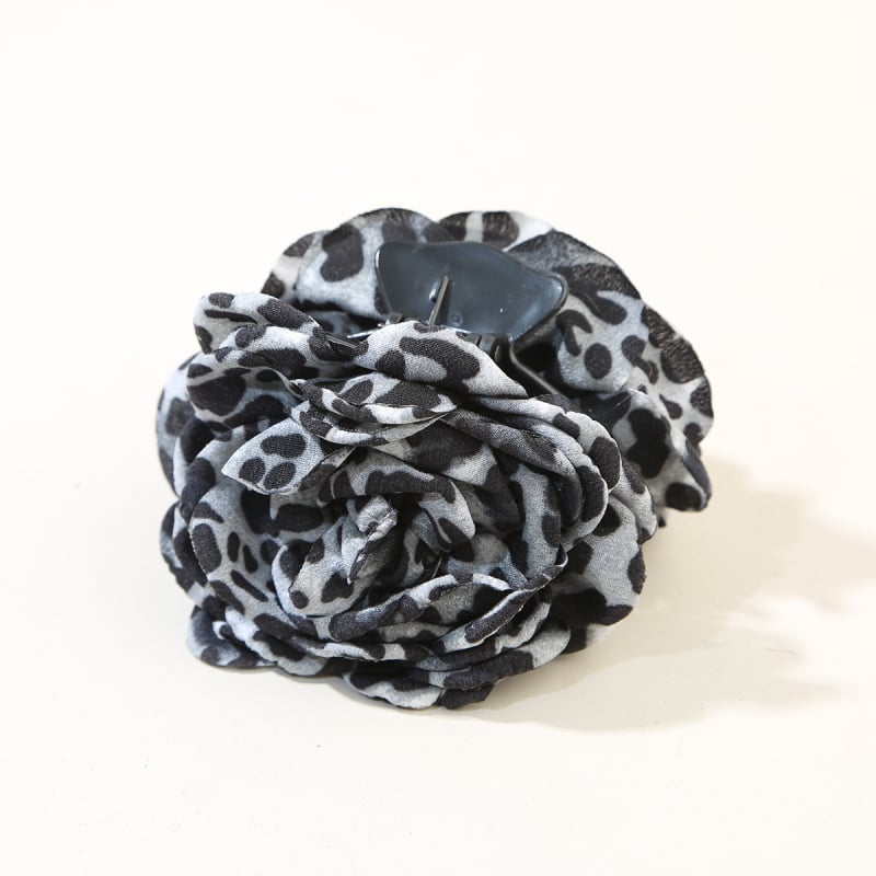 Ръчно изработена щипка за коса с леопардов принт и цвете – акула клип за задната част на главата, плат и PS материал, стил лукс