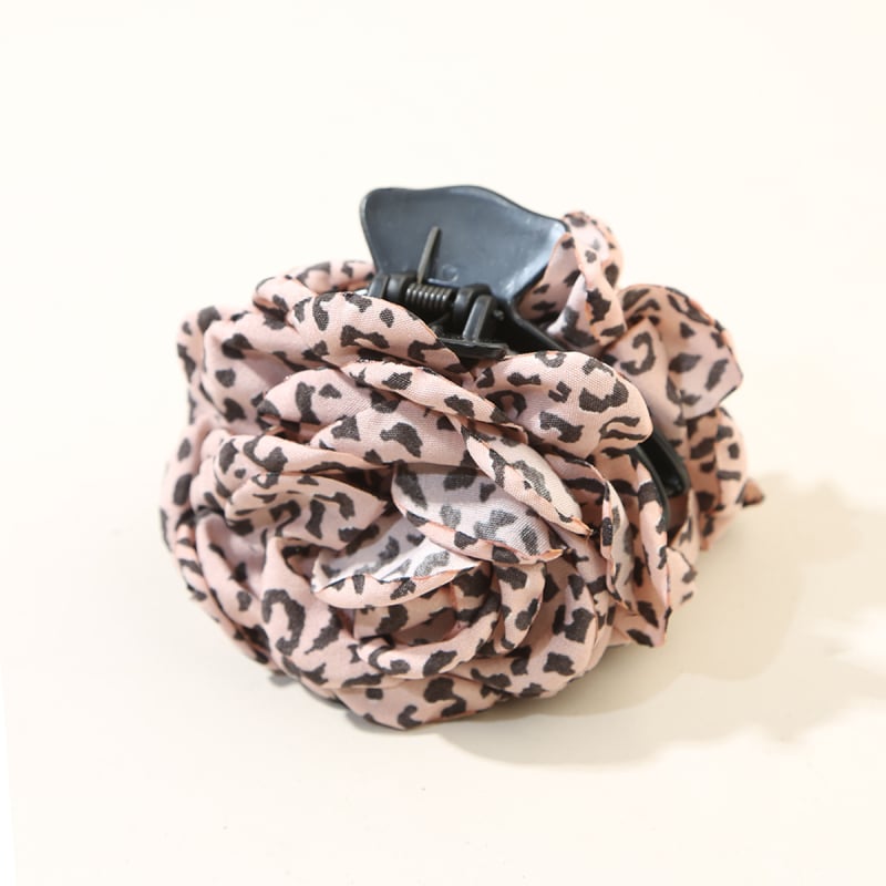 Ръчно изработена щипка за коса с леопардов принт и цвете – акула клип за задната част на главата, плат и PS материал, стил лукс