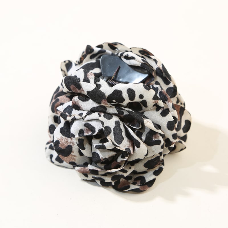 Ръчно изработена щипка за коса с леопардов принт и цвете – акула клип за задната част на главата, плат и PS материал, стил лукс