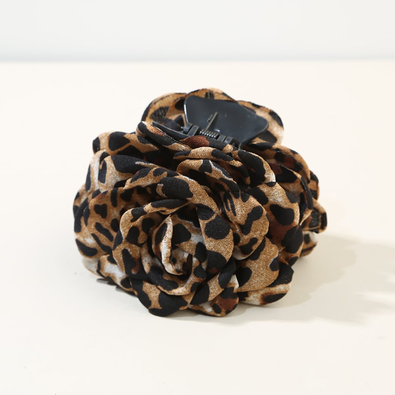 Ръчно изработена щипка за коса с леопардов принт и цвете – акула клип за задната част на главата, плат и PS материал, стил лукс