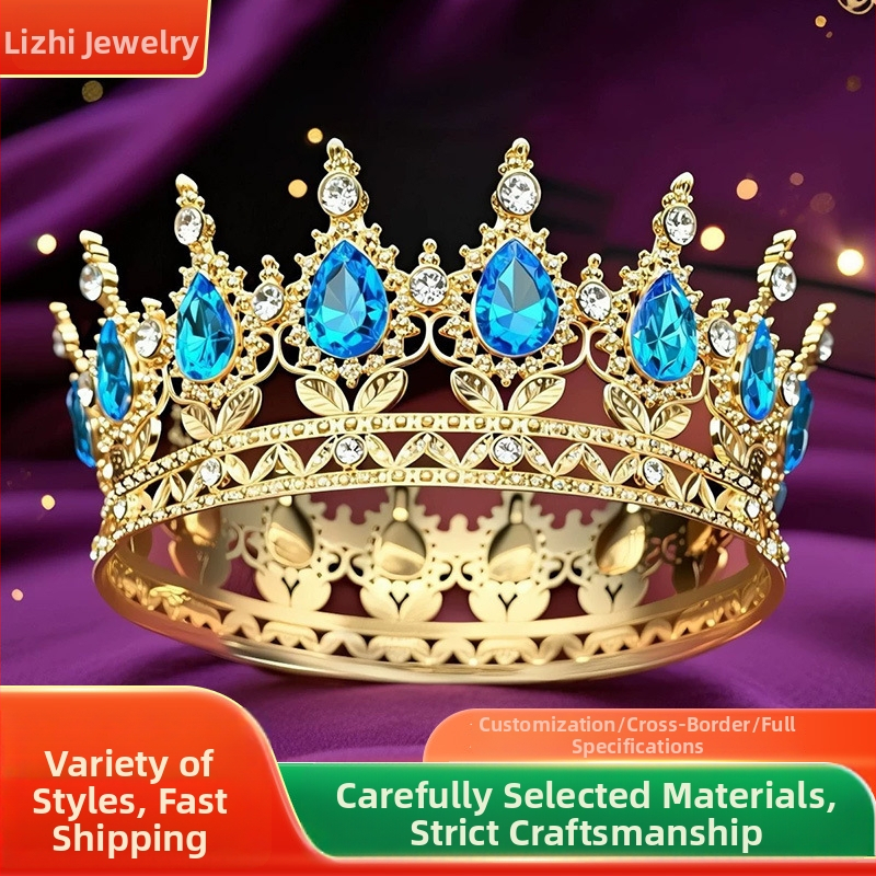 Koruna na hlavu z zliatiny s 16 kapkovitými krištálmi, elektroplating, unisex móda, dekor na tortu