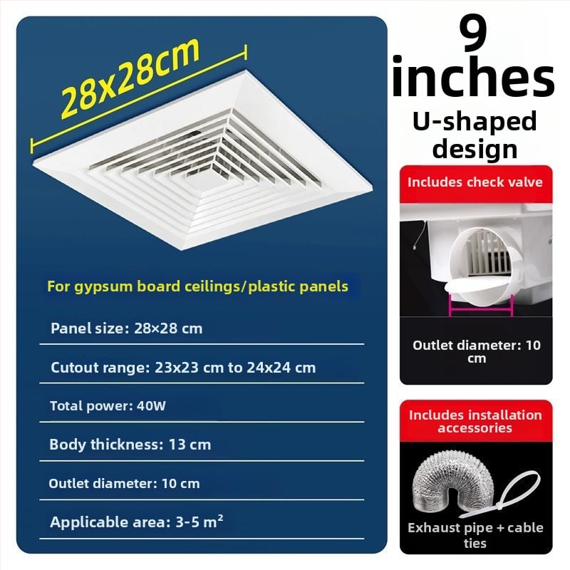 Ventilator de ventilație pentru tavan din gips-carton, bucătărie și baie, puternic și silențios, modelul 300h-01, eficiență energetică nivel 3, telecomandă