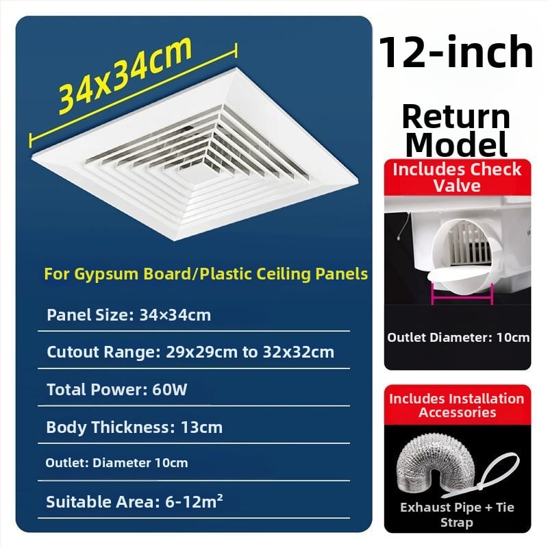 Ventilator de ventilație pentru tavan din gips-carton, bucătărie și baie, puternic și silențios, modelul 300h-01, eficiență energetică nivel 3, telecomandă