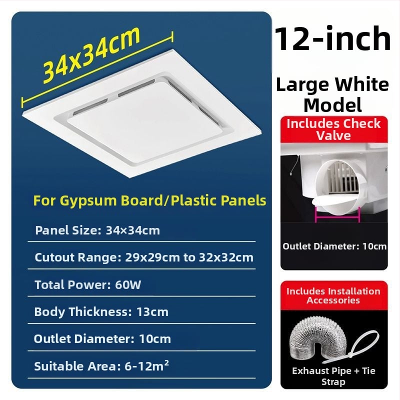 Ventilator de ventilație pentru tavan din gips-carton, bucătărie și baie, puternic și silențios, modelul 300h-01, eficiență energetică nivel 3, telecomandă