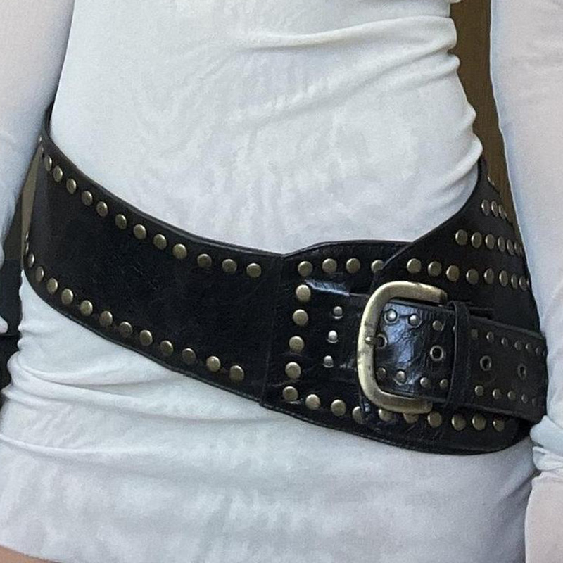 Kožni kaiš s PU kopčom, igličasto kopčanje, širok (>4 cm), punk ulični personaliziran stil, rodno-neutralan