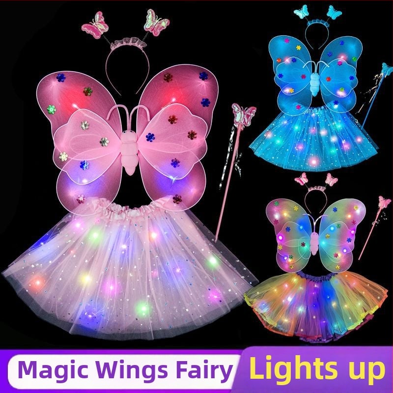 Mergaičių švytintys drugelių sparnai — audinys, animacinis stilius, sceninis rekvizitas