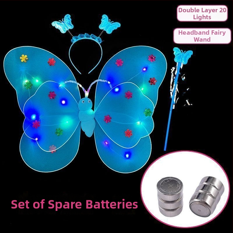 Mergaičių švytintys drugelių sparnai — audinys, animacinis stilius, sceninis rekvizitas