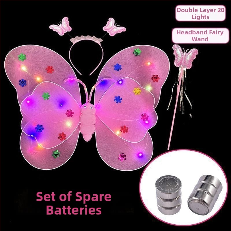 Mergaičių švytintys drugelių sparnai — audinys, animacinis stilius, sceninis rekvizitas