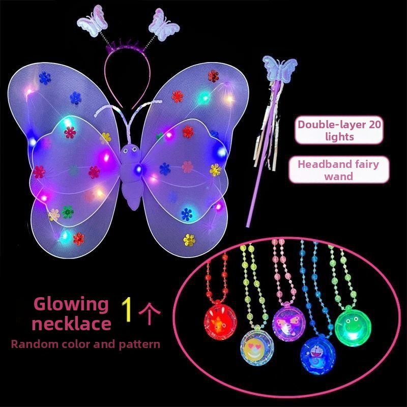 Mergaičių švytintys drugelių sparnai — audinys, animacinis stilius, sceninis rekvizitas