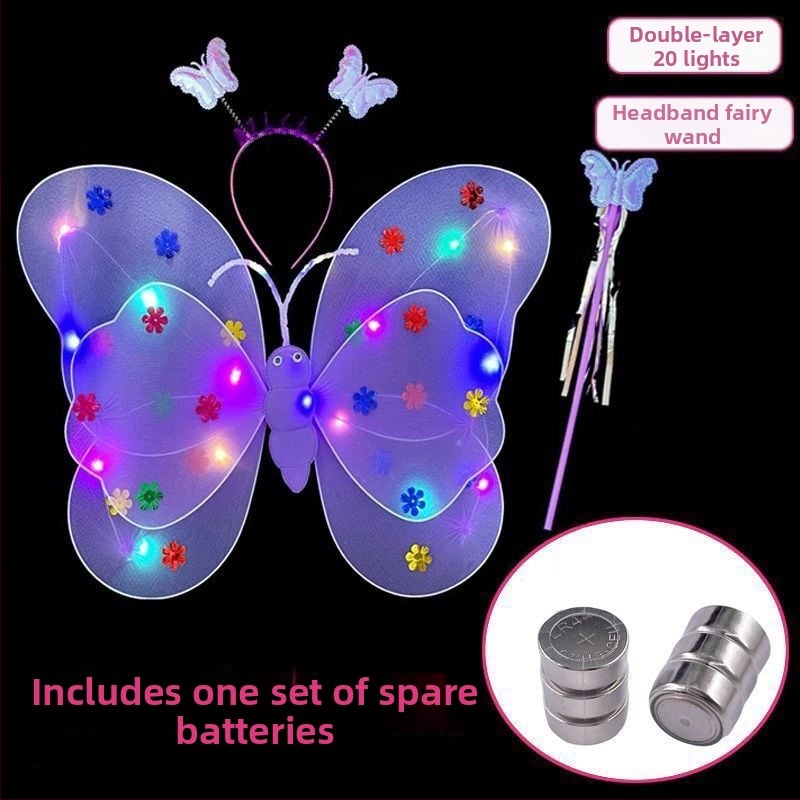 Mergaičių švytintys drugelių sparnai — audinys, animacinis stilius, sceninis rekvizitas