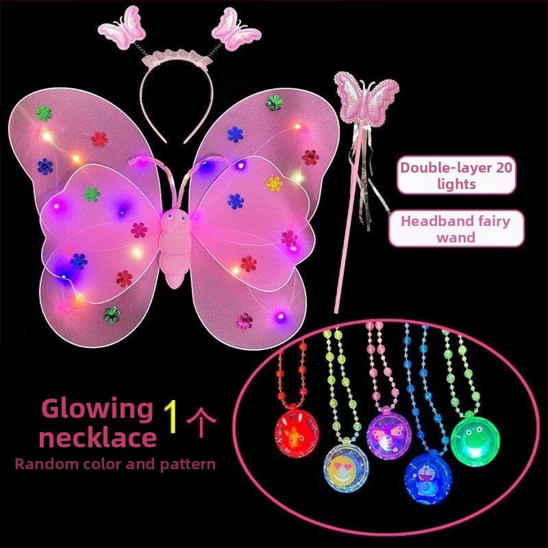 Mergaičių švytintys drugelių sparnai — audinys, animacinis stilius, sceninis rekvizitas