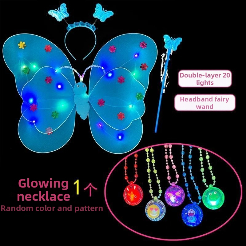 Mergaičių švytintys drugelių sparnai — audinys, animacinis stilius, sceninis rekvizitas