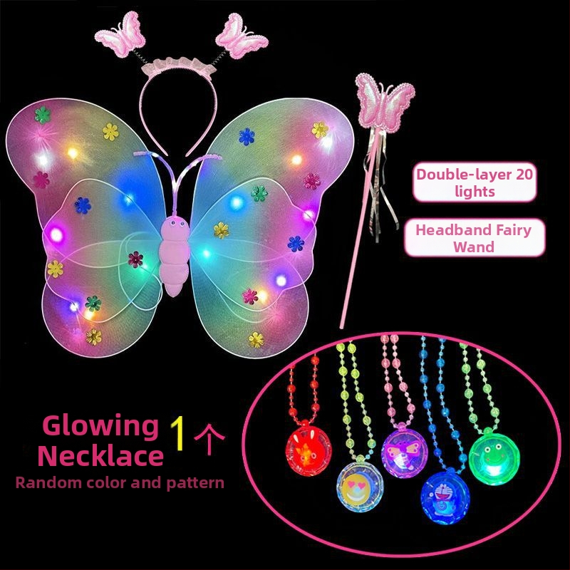 Mergaičių švytintys drugelių sparnai — audinys, animacinis stilius, sceninis rekvizitas