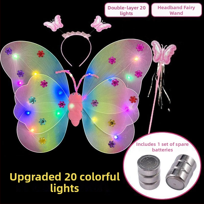 Mergaičių švytintys drugelių sparnai — audinys, animacinis stilius, sceninis rekvizitas