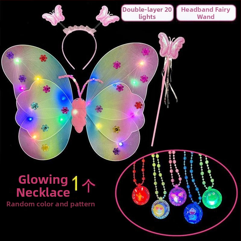 Mergaičių švytintys drugelių sparnai — audinys, animacinis stilius, sceninis rekvizitas