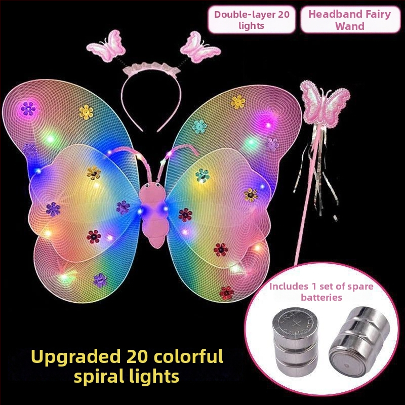 Mergaičių švytintys drugelių sparnai — audinys, animacinis stilius, sceninis rekvizitas