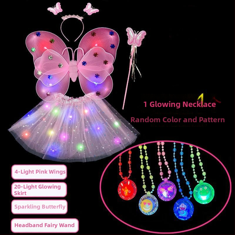 Mergaičių švytintys drugelių sparnai — audinys, animacinis stilius, sceninis rekvizitas