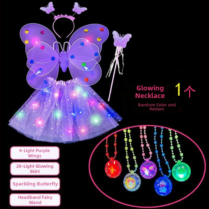 Mergaičių švytintys drugelių sparnai — audinys, animacinis stilius, sceninis rekvizitas