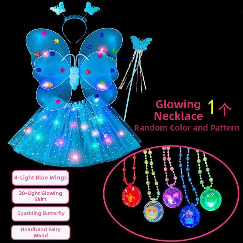 Mergaičių švytintys drugelių sparnai — audinys, animacinis stilius, sceninis rekvizitas