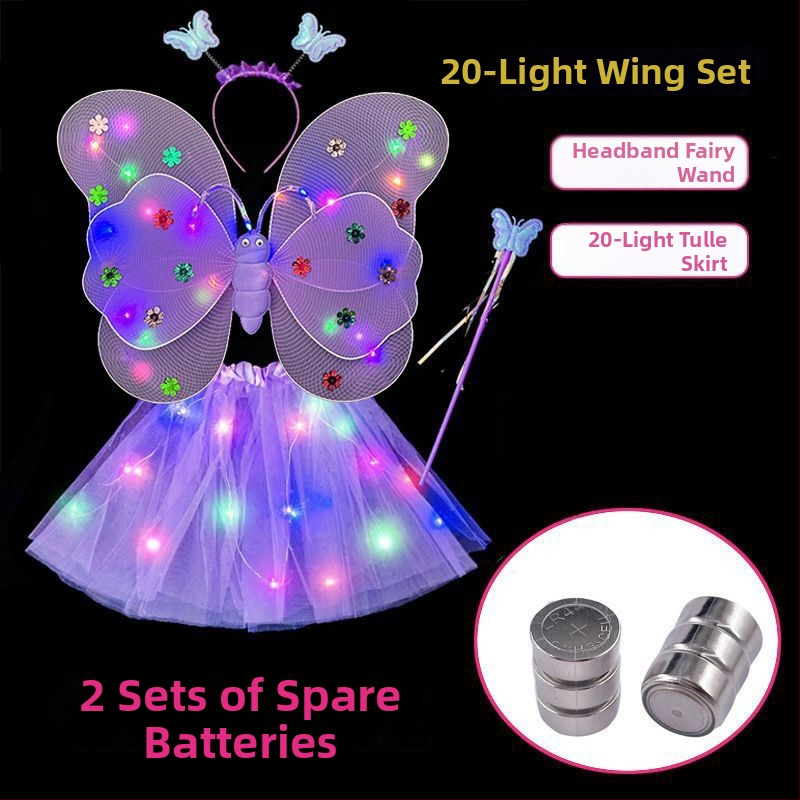 Mergaičių švytintys drugelių sparnai — audinys, animacinis stilius, sceninis rekvizitas