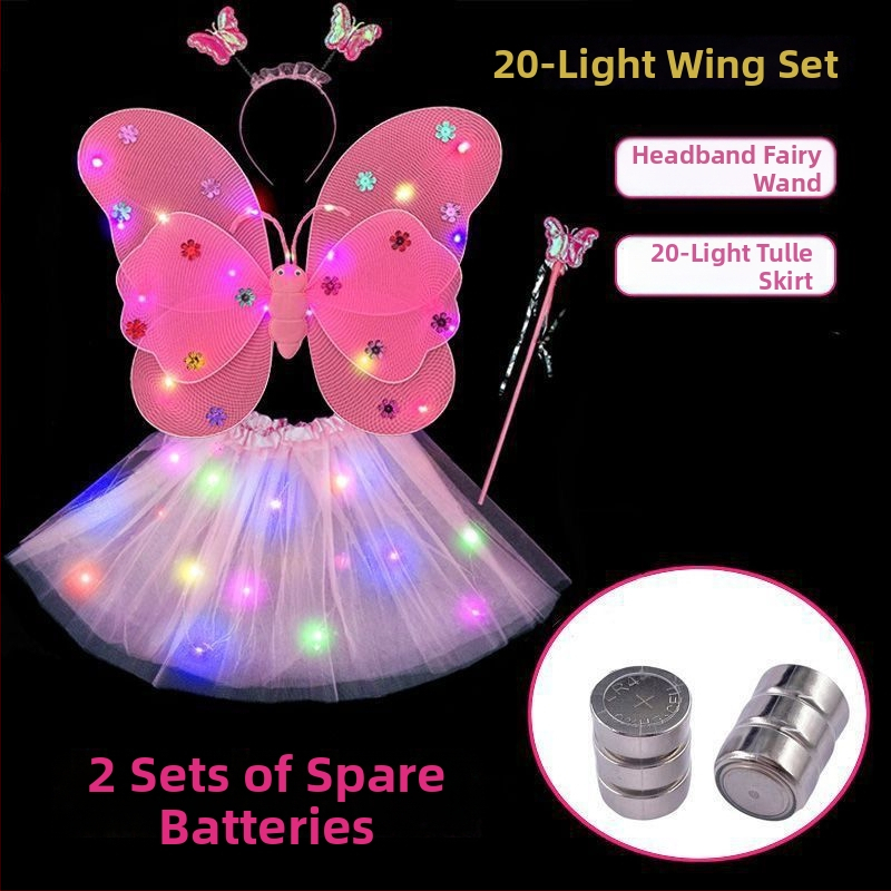 Mergaičių švytintys drugelių sparnai — audinys, animacinis stilius, sceninis rekvizitas