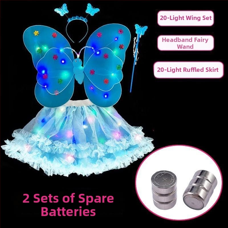 Mergaičių švytintys drugelių sparnai — audinys, animacinis stilius, sceninis rekvizitas