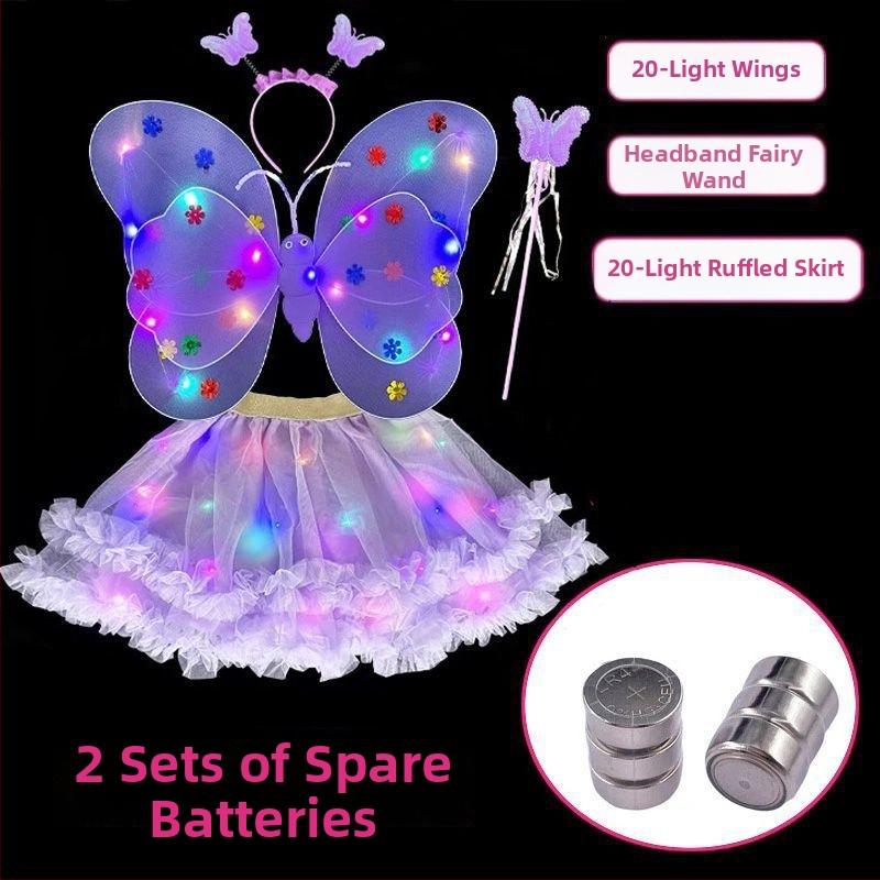 Mergaičių švytintys drugelių sparnai — audinys, animacinis stilius, sceninis rekvizitas