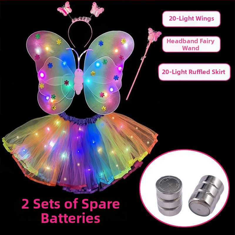 Mergaičių švytintys drugelių sparnai — audinys, animacinis stilius, sceninis rekvizitas