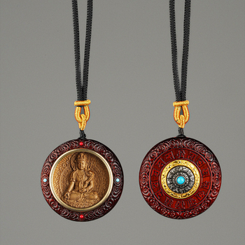 Medinis apvalus pakabukas kaklui su zodiako globėjais Bodhisattva, graviruotas dizainas