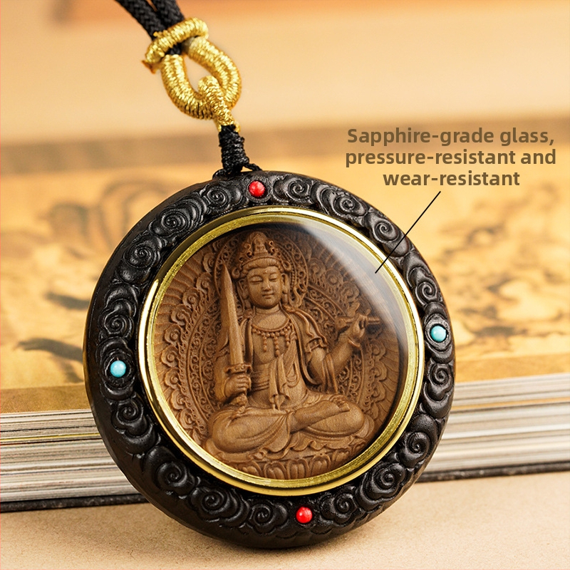 Medinis apvalus pakabukas kaklui su zodiako globėjais Bodhisattva, graviruotas dizainas