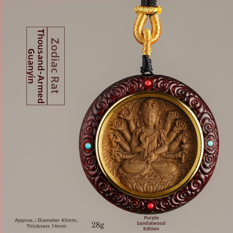 Medinis apvalus pakabukas kaklui su zodiako globėjais Bodhisattva, graviruotas dizainas