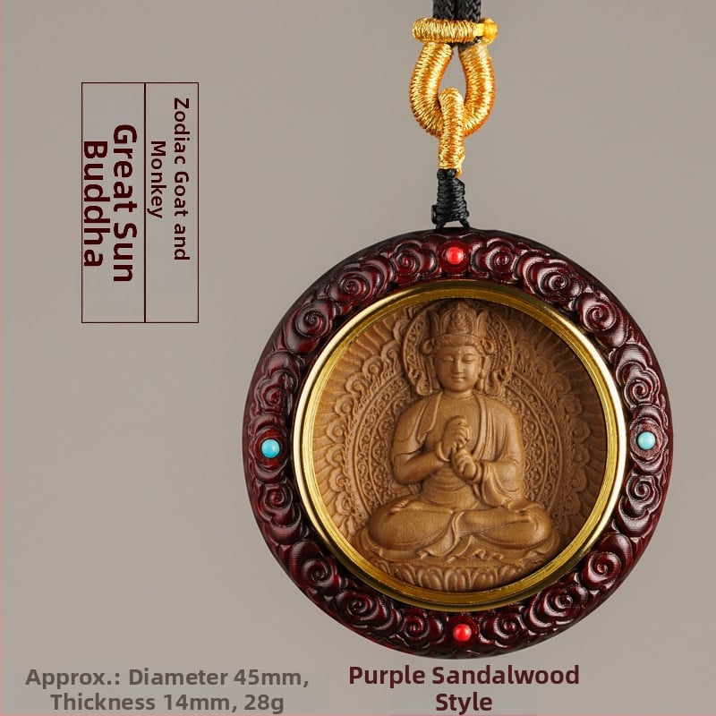 Medinis apvalus pakabukas kaklui su zodiako globėjais Bodhisattva, graviruotas dizainas
