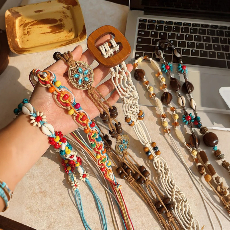 Liemens grandinė – bohemiškas retro etninio stiliaus, korėjietiška versija, tinklinis medžiaga, automatinis užsegimas, rankų darbo karoliukai, pavasaris 2025